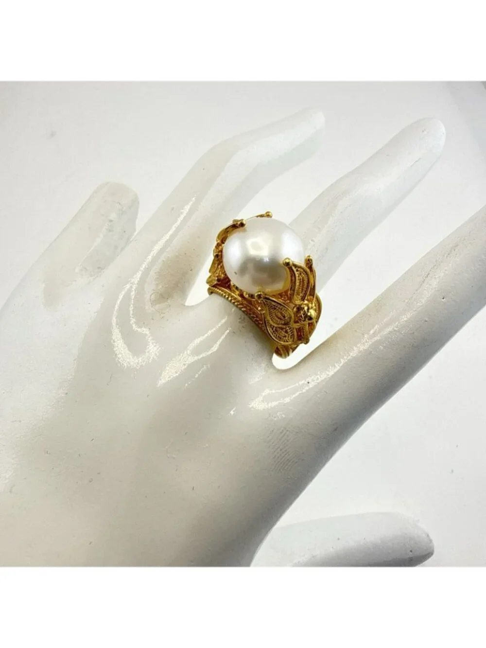 JTV Ring Pearl Sterling Silver 925 Gold Vermeil size 7 Elaborate Fancy Leaf Vine